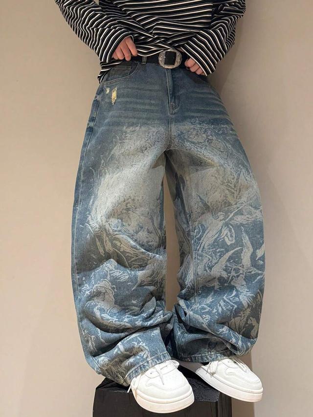 vintage laser print graphic loose fit washed denim pants