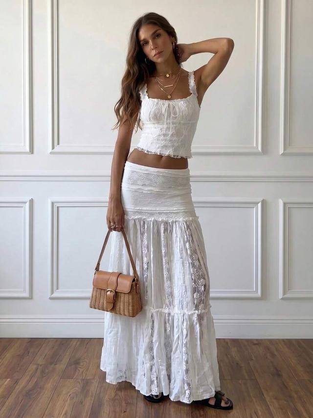 white lace patchwork maxi skirt