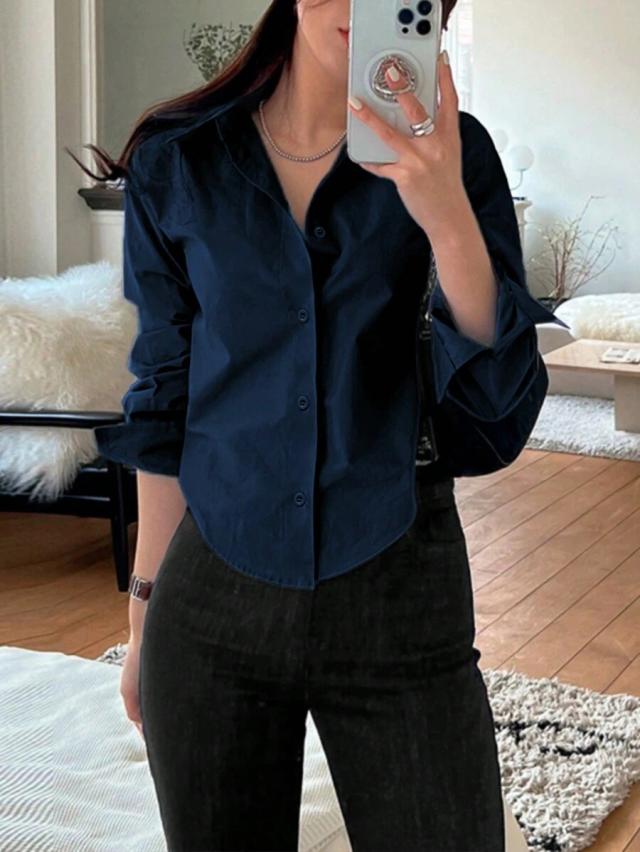 navy long sleeve casual button down blouse