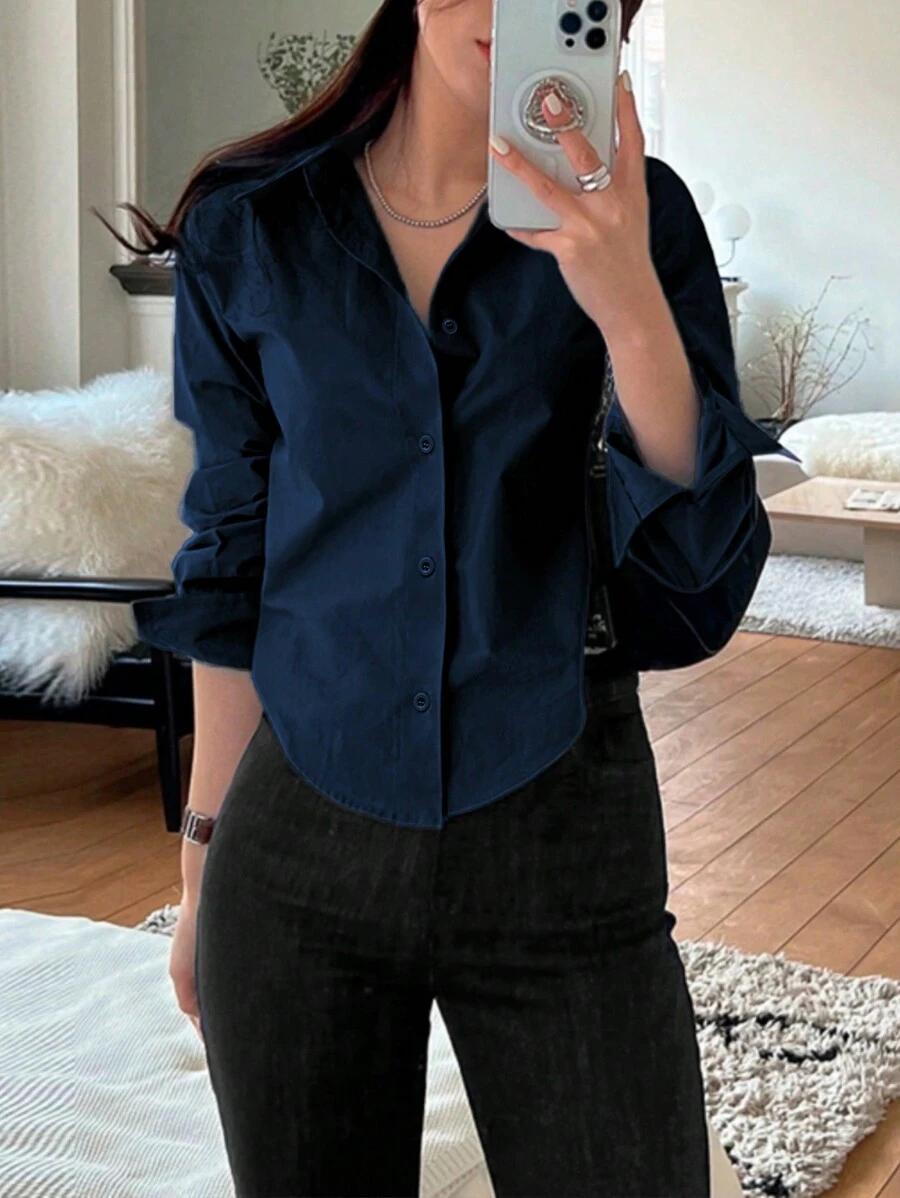 navy long sleeve casual button down blouse