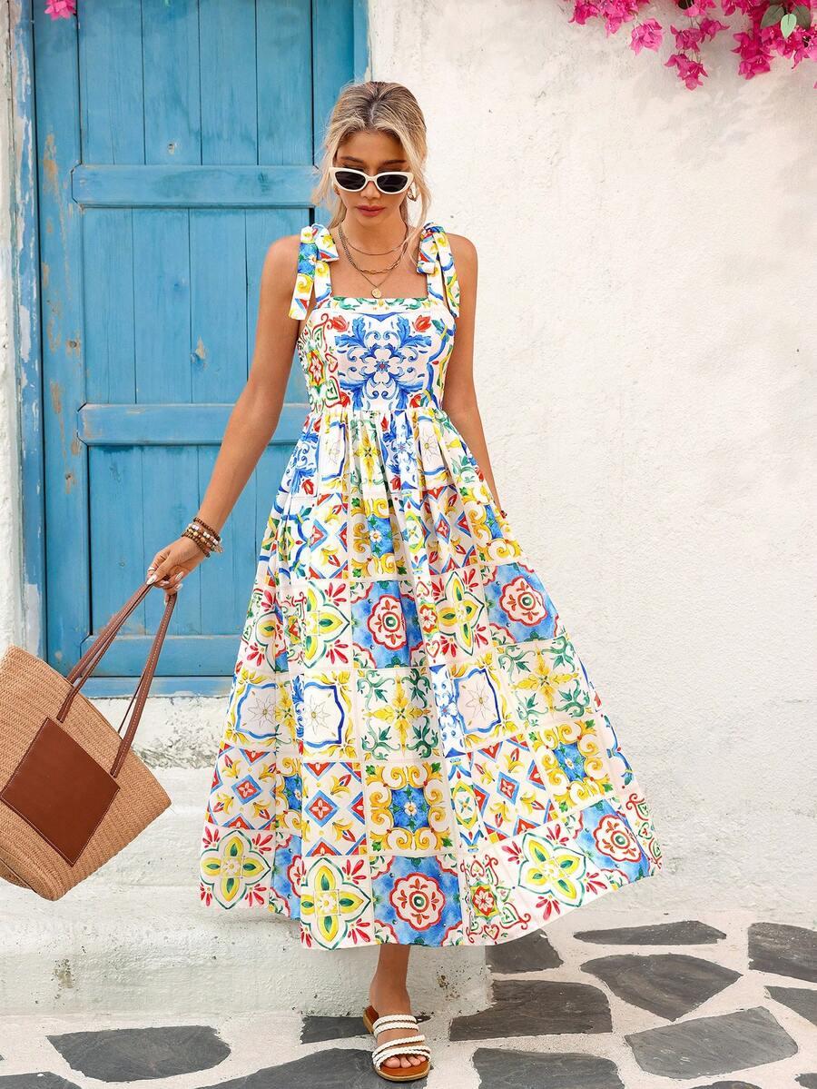 vivid eden printed sleeveless ankle length summer dress