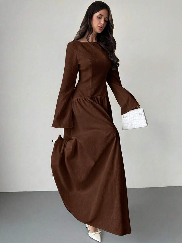 minimalist brown long sleeve boat neck a-line dress