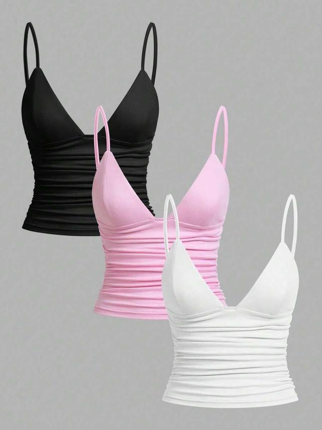 pink ruched fitted spaghetti strap camisole with shelf bra