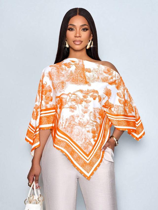 orange and white vintage sunset print asymmetric batwing blouse