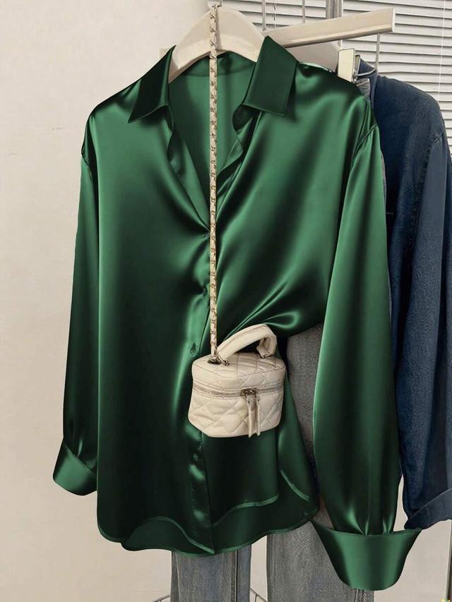 green satin button-down collared shirt