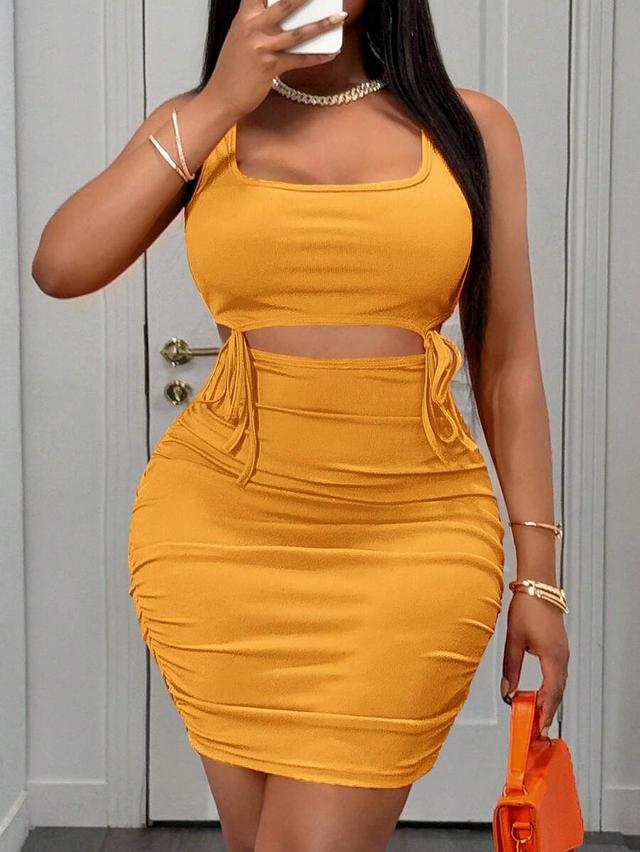 mustard yellow ruched tie waist cutout mini dress