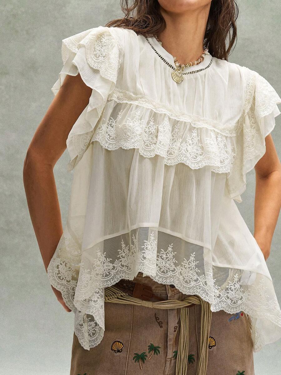 off-white bohemian ruffled lace patchwork blouse