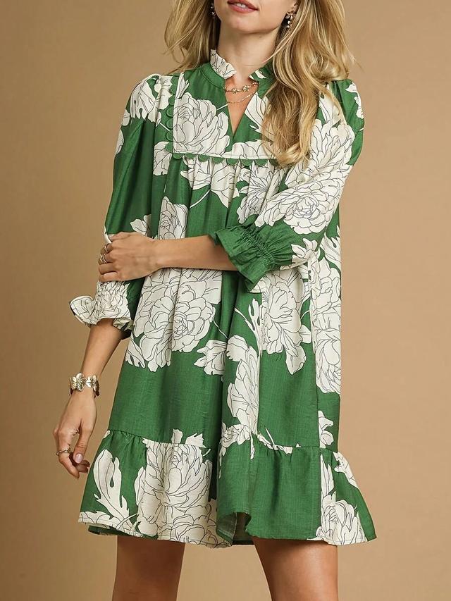 green floral print cotton shift dress with ruffles