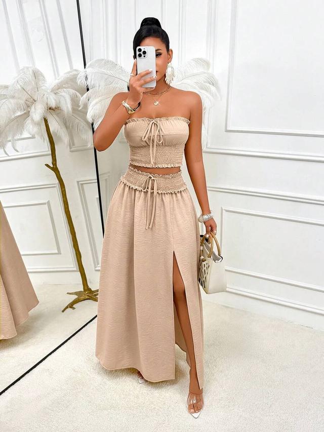 beige strapless ruffle hem crop top and split skirt set