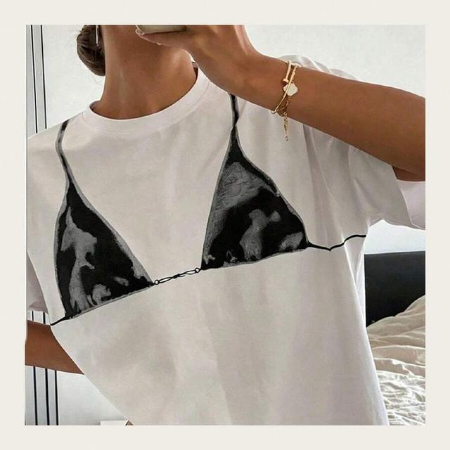 casual round neck short sleeve bikini print t-shirt