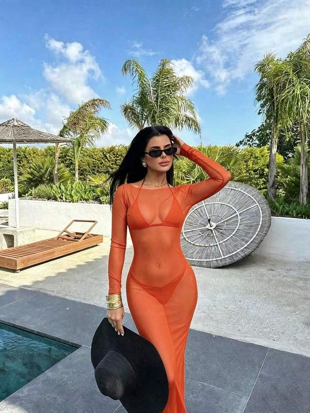 orange sheer mesh long sleeve bodycon dress