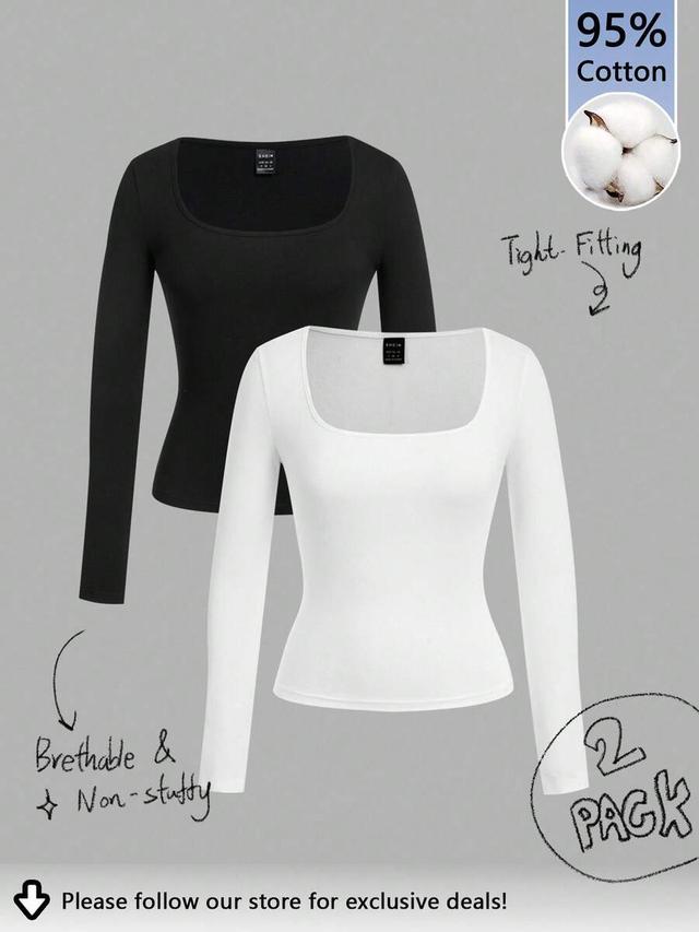 black and white square neck long sleeve cotton top