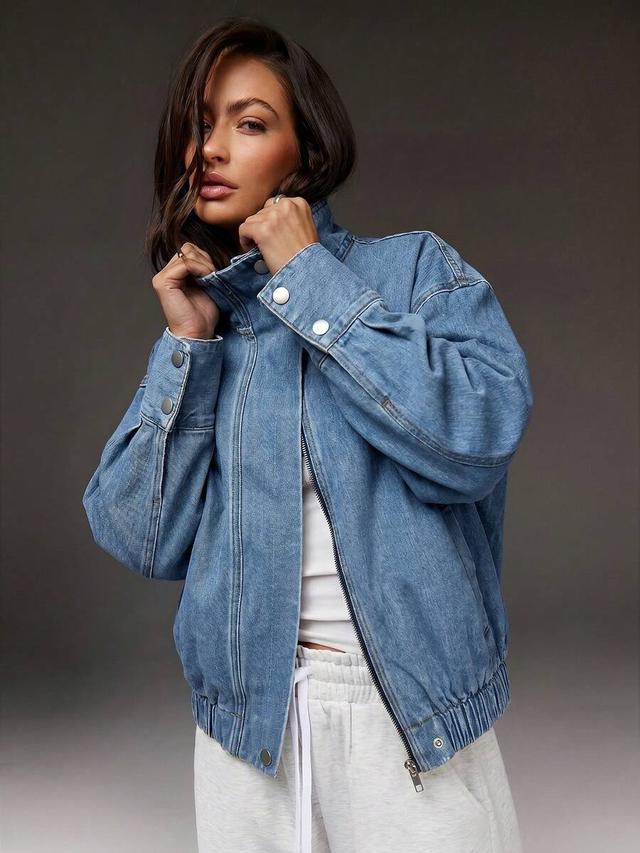 light wash denim zip-up bomber jacket