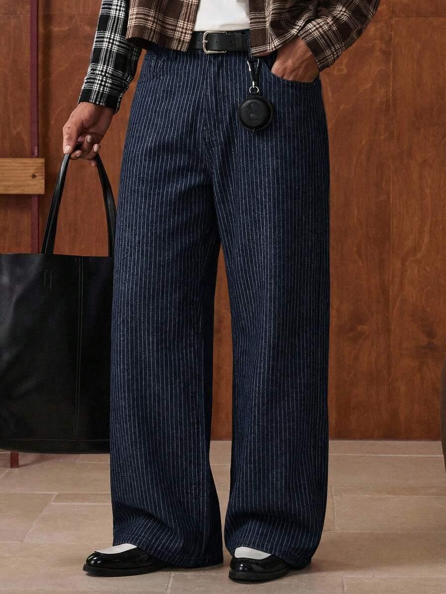 navy blue pinstripe straight leg casual jeans
