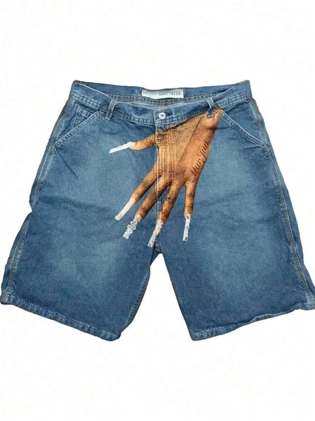 blue denim baggy jorts with graphic hand print