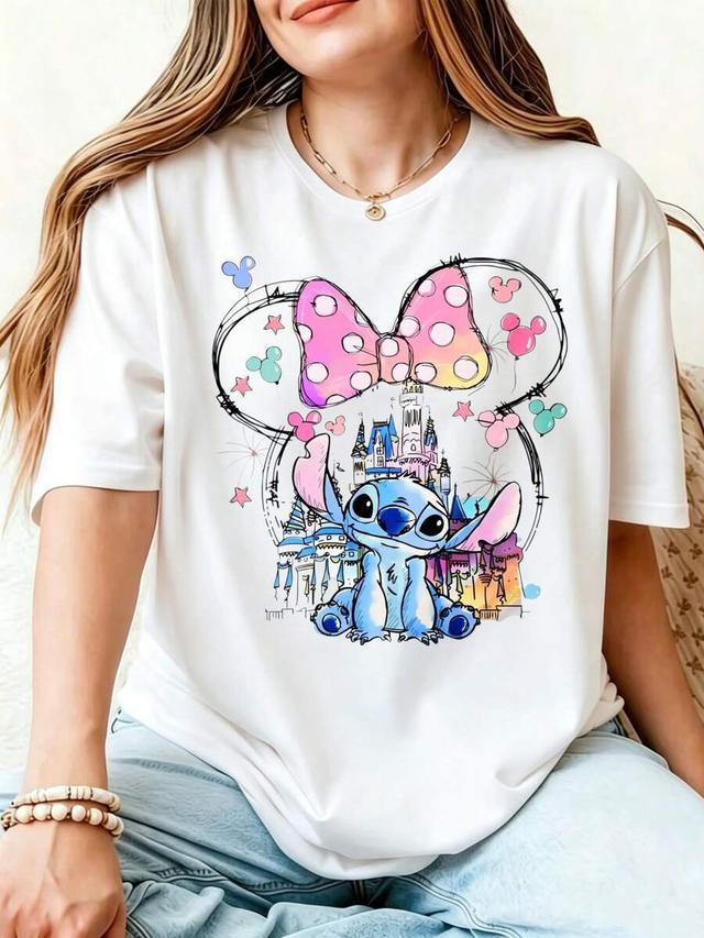 casual cartoon stitch and castle print white t-shirt