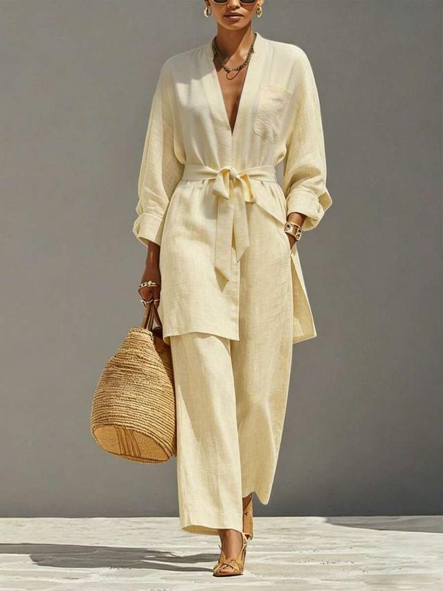 apricot linen blend v-neck belted tunic top