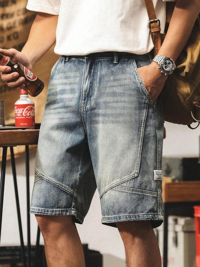 american retro street splicing loose straight denim shorts