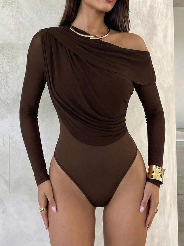 dark brown mesh ruched oblique shoulder long sleeve bodysuit