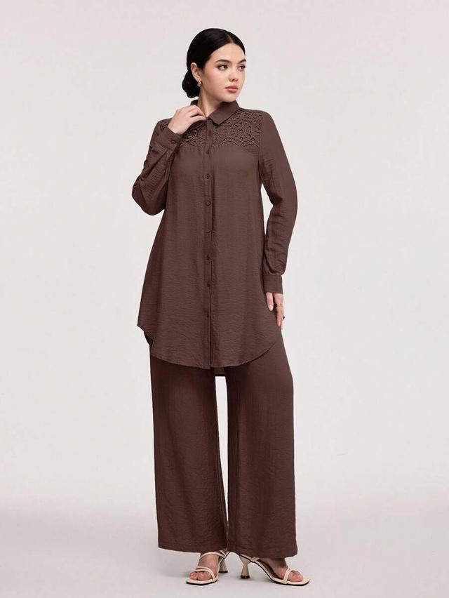 brown button up shirt with contrast lace yoke