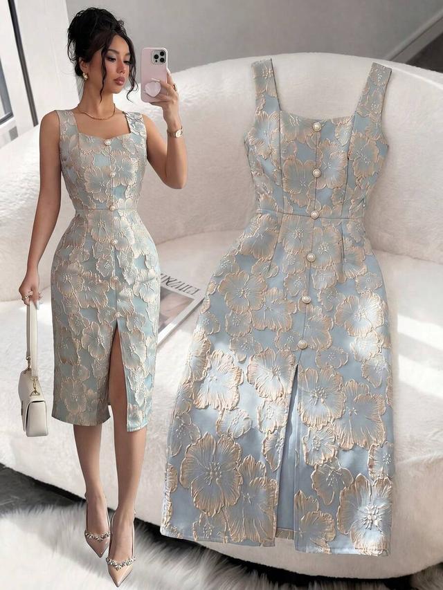 light blue floral jacquard midi dress