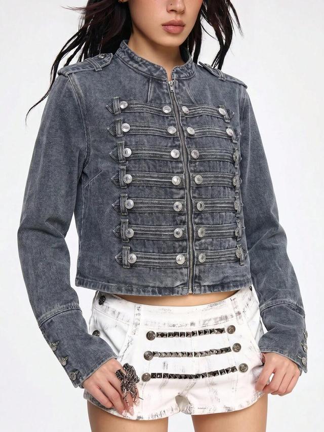 grey acid wash denim military style jacket