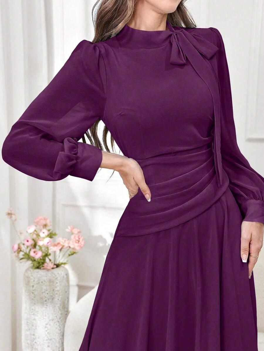 elegant purple v-neck tie waist midi dress