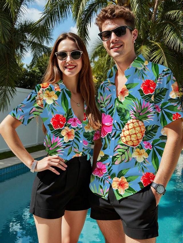 tropical plant print short sleeve button down shirt