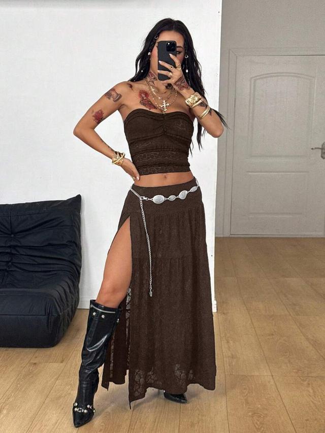 brown lace patchwork boho long skirt