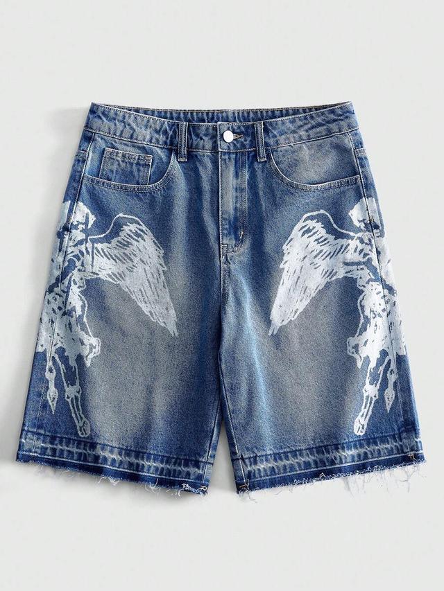 washed denim casual printed wide leg shorts