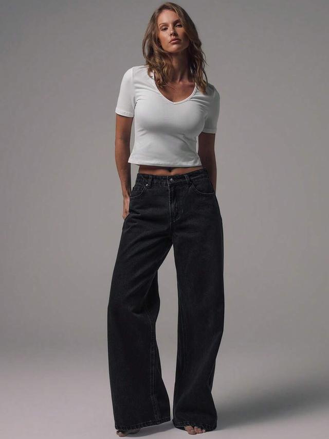 mid waist wide leg black wash denim jeans