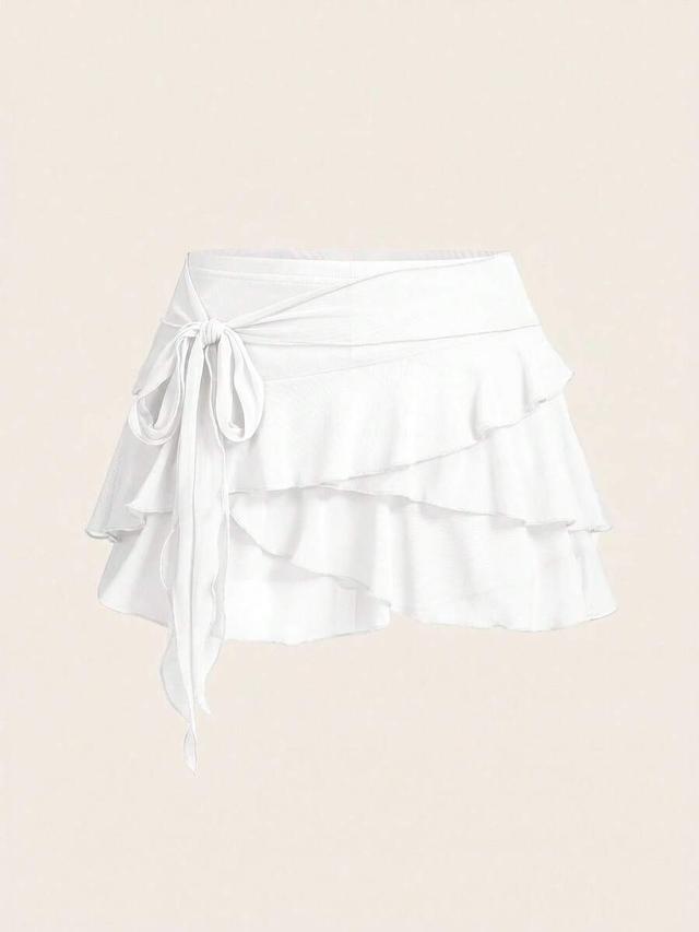 white multi-layer ruffle trim wrap mini skirt