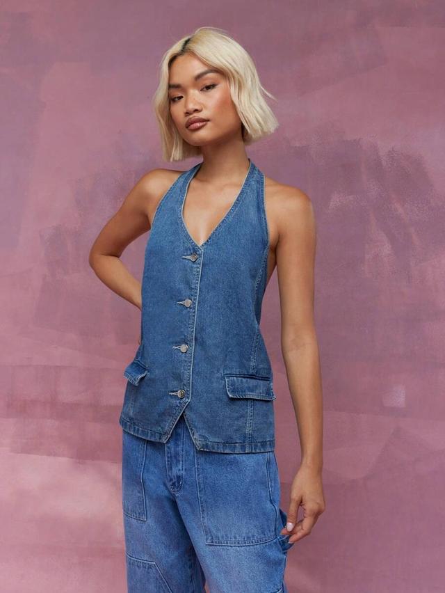buttoned halter neck denim long top