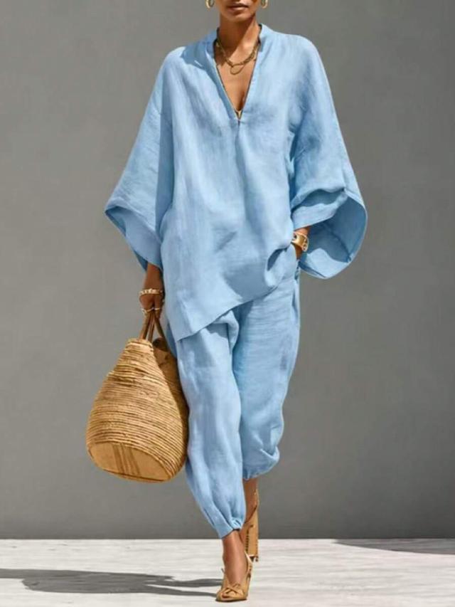 light blue v-neck linen tunic and matching trousers set