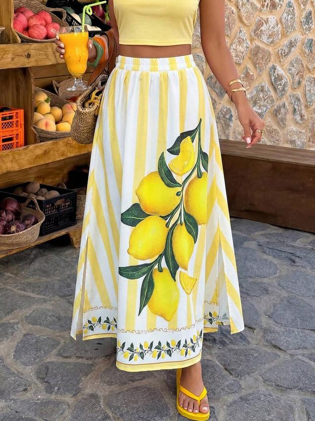 striped yellow fruit print a-line casual vacation skirt