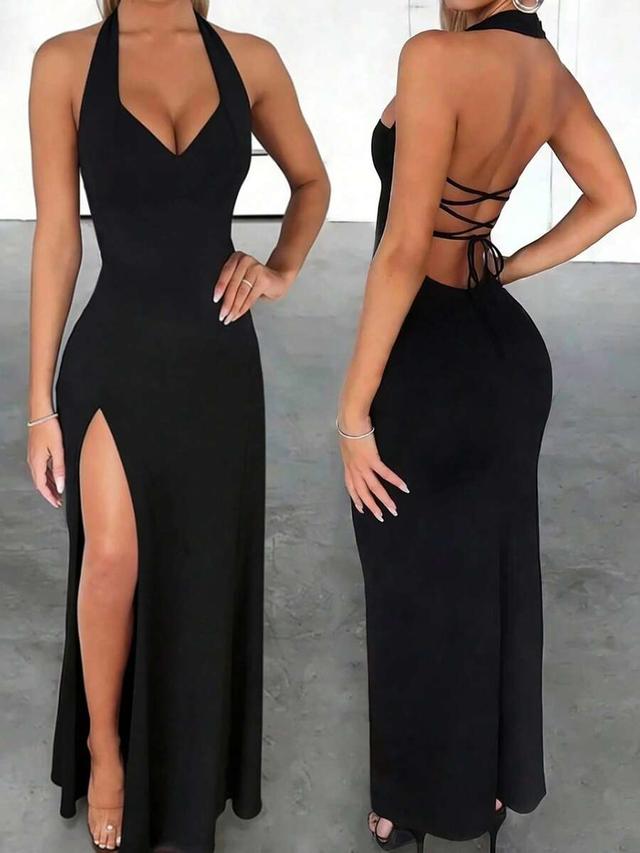 black halter neck maxi dress with side slit