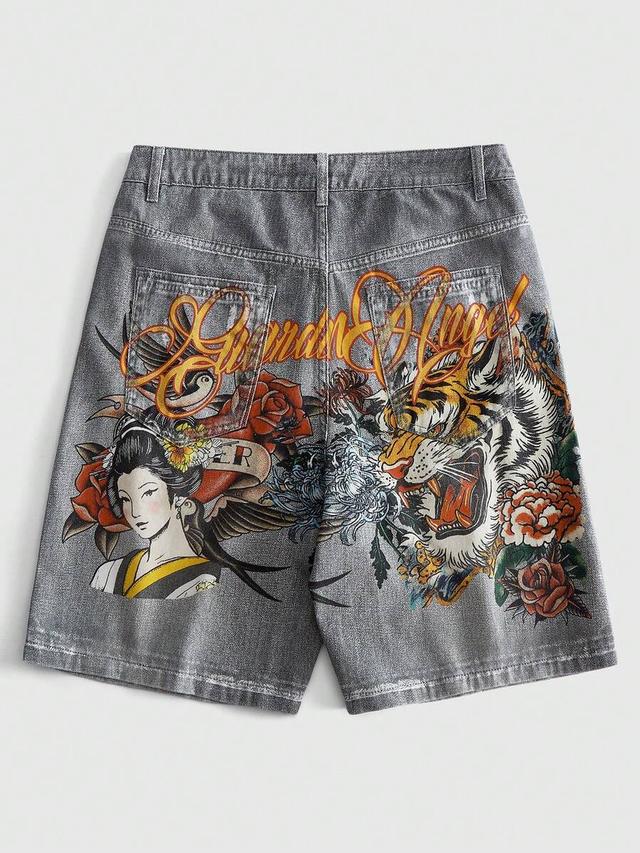 grey denim shorts with tiger and geisha graphic print