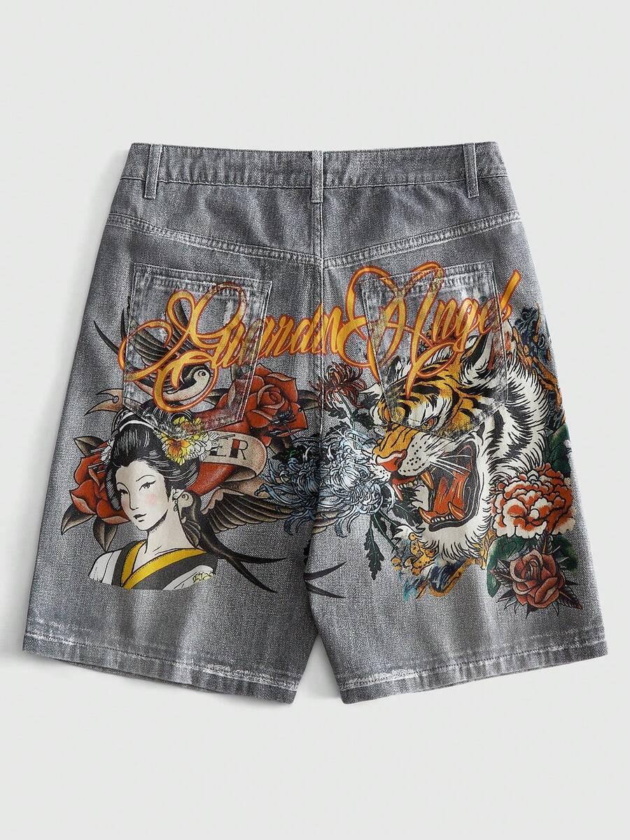 grey denim shorts with tiger and geisha graphic print