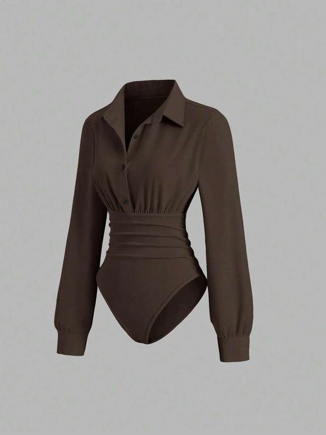 brown long sleeve collared bodysuit with ruched waist