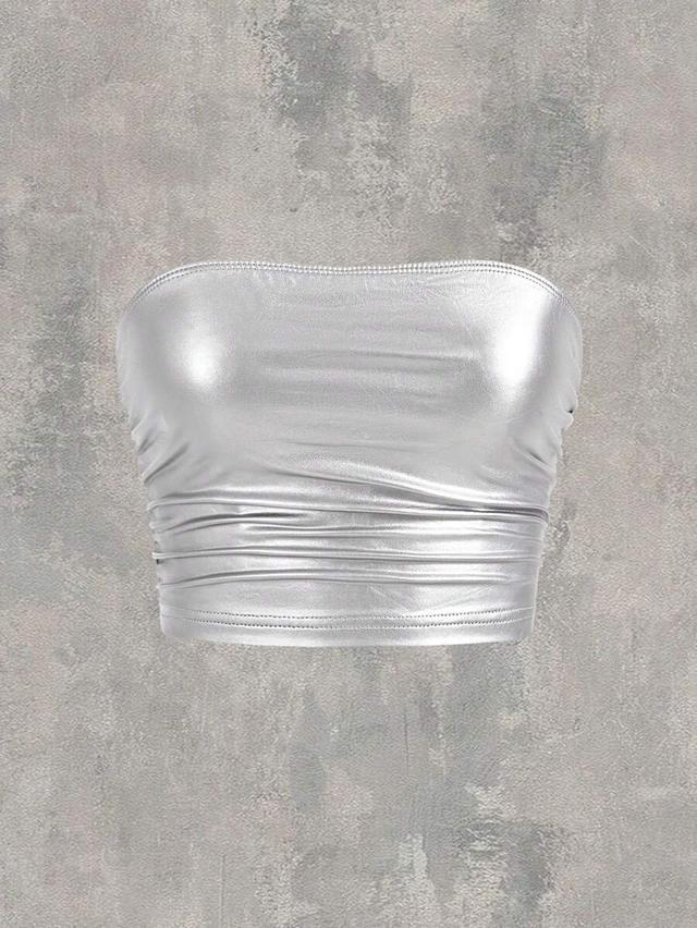 metallic silver strapless ruched knit top