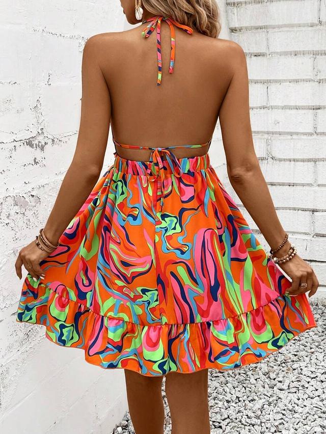 colorful abstract print halter neck ruffle hem dress