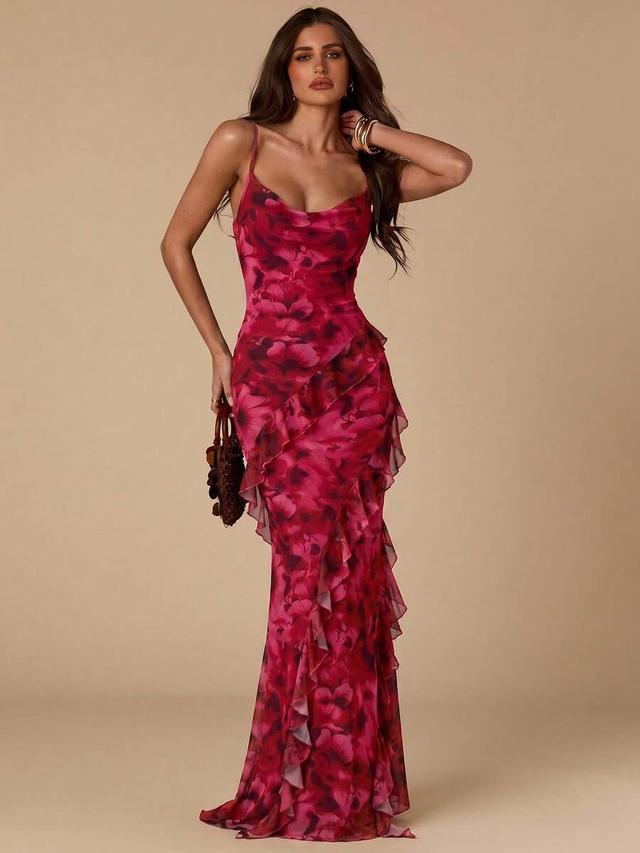 fuchsia pink floral print ruffled draped maxi dress