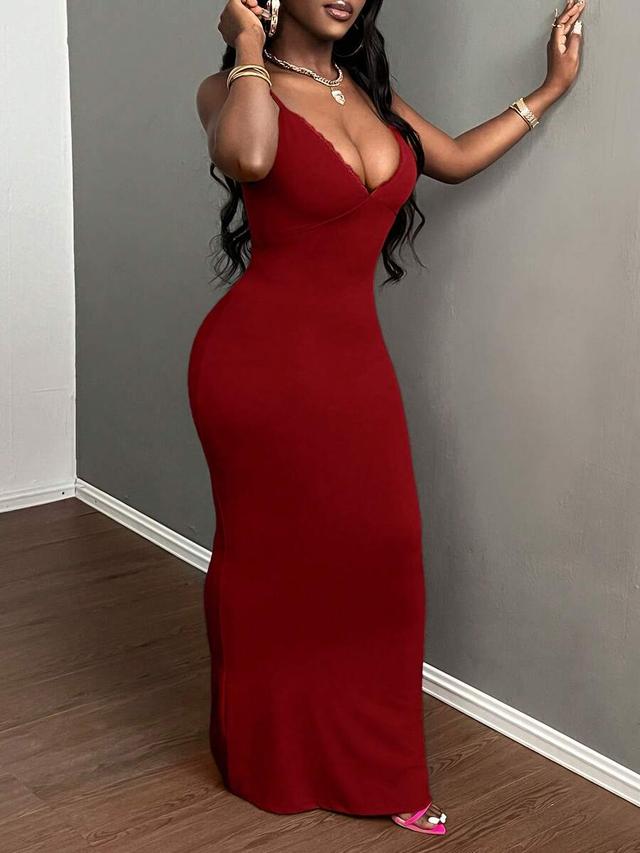 burgundy spaghetti strap fitted maxi dress with frill trim
