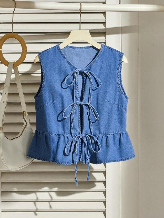 casual blue denim tie bow ruffle hem vest