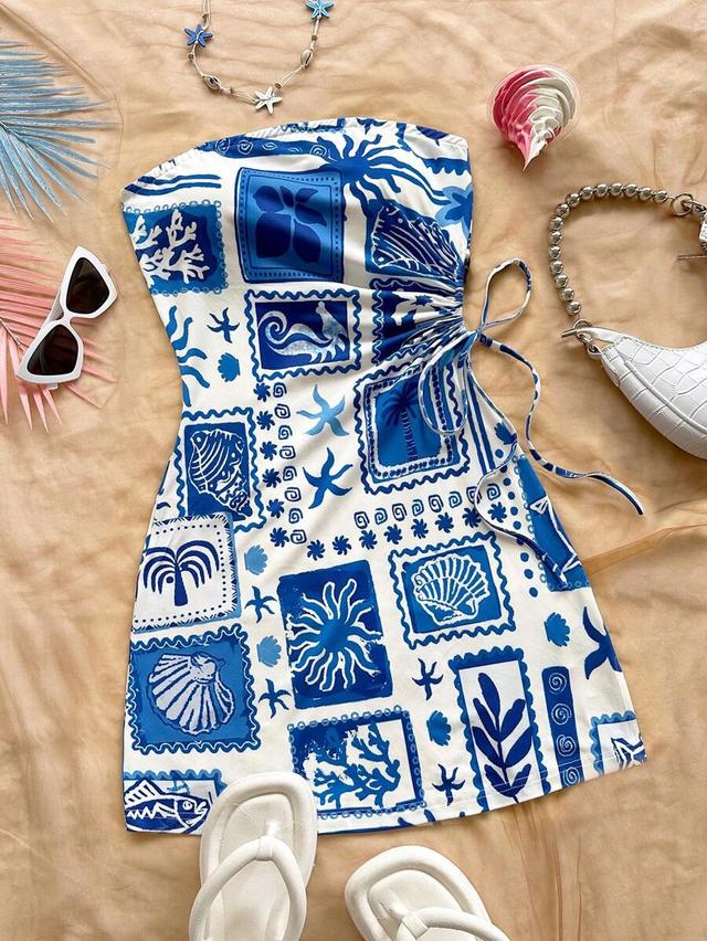 soleia summer blue and white palm print tube dress