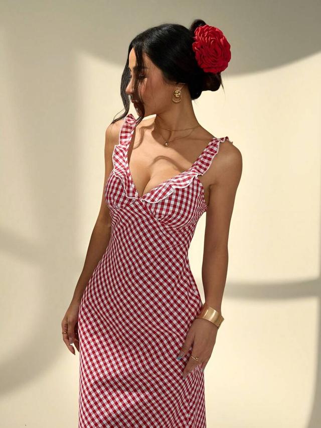 red and white gingham midi dress with ruffle straps