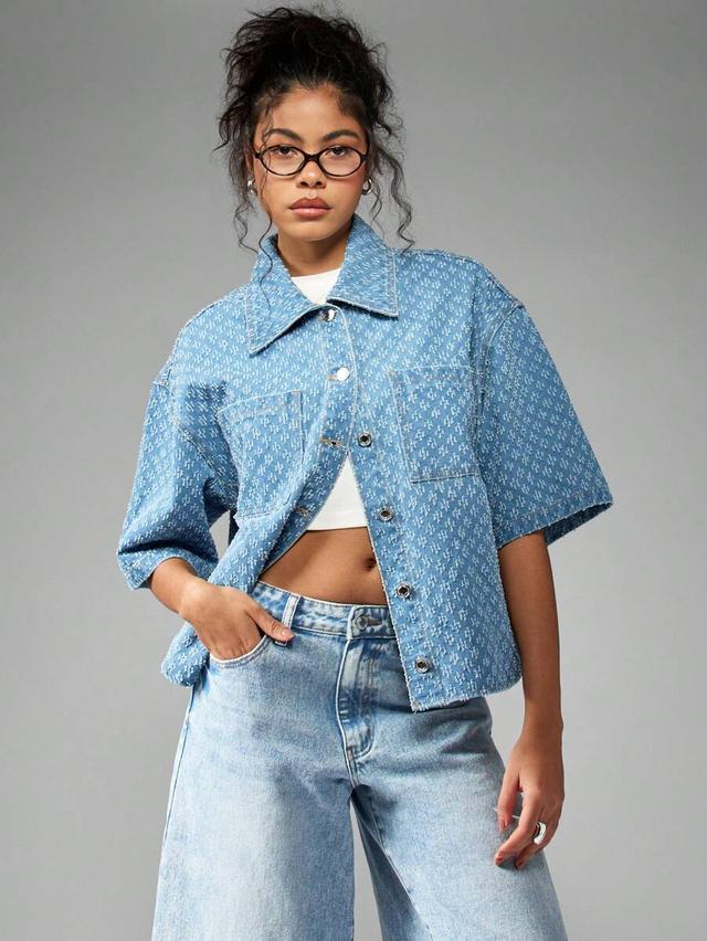 oversized monogram print denim short sleeve jacket