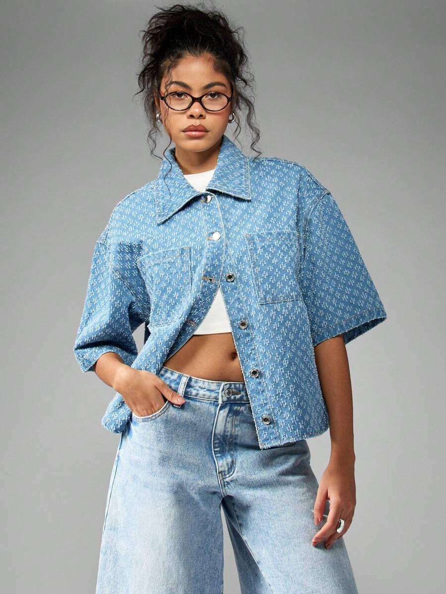 oversized monogram print denim short sleeve jacket