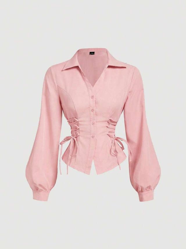 pink lantern sleeve cross tie waist blouse
