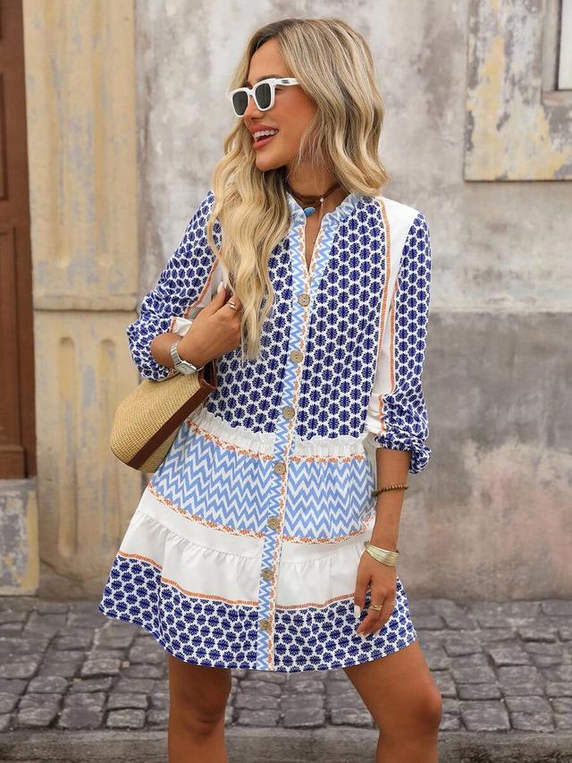 blue and white printed tiered button-down shirt dress